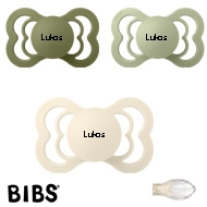 Bibs Supreme Schnuller mit Namen, Symmetrisch Silikon Gr. 2, 1 Olive, 1 Sage, 1 Ivory, 3'er Pack